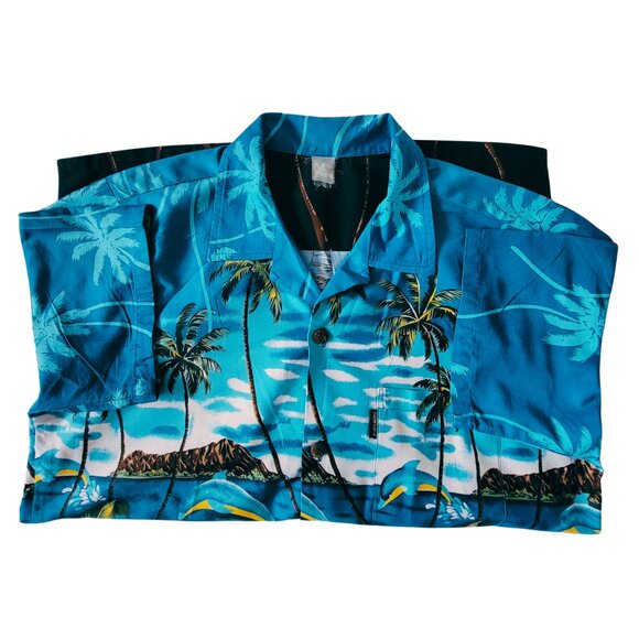 Men's Hawaiian Short-Sleeve Button-Down Shirt Blue Black Red Green Size Large - Picture 8 of 8